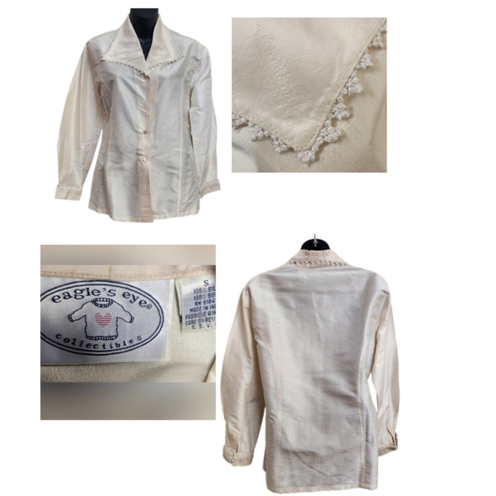 VINTAGE RARE "EAGLE'S EYE COLLECTIBLES",  100% SILK BEIGE SHANTUNG BLOUSE SIZE S